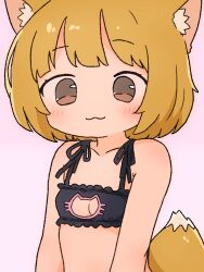 1girl :3 absurdres animal_ears black_bra blonde_hair blush bra brown_eyes cat_cutout cat_lingerie cleavage_cutout clothing_cutout extra_ears highres irohiza looking_at_viewer meme_attire original pink_background short_hair smile solo tail underwear underwear_only upper_body