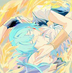 2boys anaxa_(honkai:_star_rail) beishiquantumn black_gloves blue_hair bracer chinese_commentary closed_eyes closed_mouth collarbone commentary_request crossed_bangs double-parted_bangs gloves hand_on_another&#039;s_face highres honkai:_star_rail honkai_(series) male_focus multiple_boys parted_bangs parted_lips phainon_(honkai:_star_rail) short_sleeves upper_body white_hair yaoi