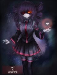 1girl absurdres android closed_mouth cosplay doll_(murder_drones) drill_hair highres idk_butterfly kasane_teto kasane_teto_(cosplay) kasane_teto_(utau) long_hair looking_at_viewer murder_drones purple_hair red_eyes shirt sidelocks simple_background skirt solo twin_drills utau very_long_hair