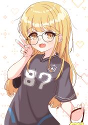 1girl absurdres bespectacled black-framed_eyewear blonde_hair blush commentary fang fingernails fujita_kotone gakuen_idolmaster glasses grey_shirt heart highres idolmaster long_hair looking_at_viewer marutsuki_e pixel_heart shirt short_sleeves skin_fang smile solo sportswear straight_hair symbol-only_commentary upper_body v very_long_hair yellow_eyes