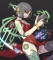 1girl ada_wong black_hair black_thighhighs breasts capcom character_name cleavage cyber_elf_(mega_man) dress green_eyes gun holding holding_gun holding_weapon joints mechanical_arms mechanical_wings medium_breasts mega_man_(series) mega_man_zero_(series) nakayama_tooru red_dress resident_evil robot_ears robot_girl robot_joints solo teppen thighhighs weapon wings