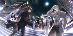 5boys belt black_coat black_jacket black_pants black_shirt brown_hair building car charlie_su city closed_mouth coat collared_shirt formal_clothes full_moon glasses gloves hand_in_pocket highres holding holding_umbrella jacket light_and_night_love long_sleeves looking_at_viewer lu_chen male_focus moon motor_vehicle multiple_boys necktie night night_sky open_clothes orange_hair outdoors pants qi_sili rain red_hair shirt short_hair sky smile standing suit umbrella vest white_coat white_hair white_jacket white_shirt xia_mingxing xiao_yi_(light_and_night_love) yinzinmiemie