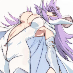 1girl animal_ears blush bodysuit breasts bridal_gauntlets cape chuu-tan cleavage etotama highres large_breasts leaning_back long_hair looking_at_viewer mouse_ears mouse_girl navel purple_hair red_eyes standing t_jiroo_(ringofriend) unzipped_bodysuit white_background white_bodysuit white_cape zipper