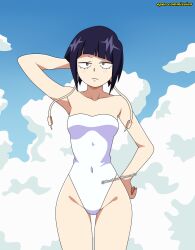 Rule 34 | 1girl, arms up, audio jack, bare arms, bare legs, bare shoulders, black eyes, blunt bangs, boku no hero academia, breasts, cloud, commission, covered navel, earplugs, hand on own head, hand on own hip, highleg, highleg leotard, highres, jiro kyoka, leotard, long earlobes, looking up, purple hair, short hair, simple background, solo, standing, strapless, strapless leotard, user hmwg7288, white leotard
