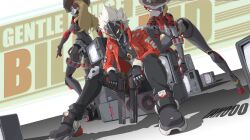 1boy 2girls absurdres android artist_name billy_kid black_pants blonde_hair character_name chinese_commentary commentary_request cowboy_hat crt dual_wielding gun handgun hat highres holding holding_gun holding_weapon jacket mechabare multiple_girls pants personification red_jacket red_scarf revolver scarf shadow sitting weapon white_hair yan_(unicorn404) yellow_eyes zenless_zone_zero