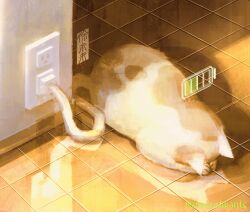 animal animal_focus animated animated_gif battery_indicator charger commentary english_commentary full_body highres indoors lying no_humans original realistic recharging solo tile_floor tiles twitter_username weiwei_(peevishpants)