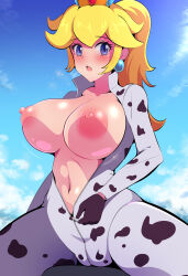 Rule 34 | animal print, blue eyes, blush, bodysuit, breasts, cow print, crown, earrings, harubato, highres, jewelry, large breasts, looking at viewer, mario (series), nintendo, nipples, partially unzipped, perky breasts, ponytail, princess peach, puffy nipples, tearing up, white bodysuit