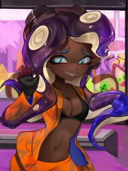 1girl absurdres alternate_costume black_bra black_gloves black_hair blazer bra breasts chokico cleavage cowboy_shot dark-skinned_female dark_skin fingerless_gloves gloves gradient_hair green_eyes hand_up highres indoors jacket long_sleeves marina_(splatoon) medium_breasts mole mole_under_mouth multicolored_hair navel nintendo octoling octopus_girl official_alternate_costume open_clothes open_shirt orange_blazer orange_pants pants short_eyebrows splatoon_(series) splatoon_2 tentacle_hair underwear very_dark_skin