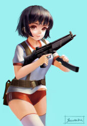 absurdres bandolier belt black_hair blue_eyes gun gym_shorts gym_uniform h&amp;k_mp5 highres holding holding_gun holding_magazine_(weapon) holding_weapon looking_at_viewer magazine_(weapon) medium_hair original red_shorts reloading school_uniform shirt short_sleeves shorts signature submachine_gun tactical_school_uniform thighhighs weapon white_shirt white_thighhighs youotaku