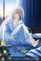 1girl absurdres barefoot blanket box cover_image curtains dress gift gift_box hair_between_eyes hanekoto highres holding holding_box indoors long_hair long_sleeves messy_hair novel_illustration official_art on_bed otonari_no_tenshi-sama_ni_itsu_no_mani_ka_dame_ningen_ni_sarete_ita_ken parted_lips pillow second-party_source shiina_mahiru_(otonari_no_tenshi-sama) sitting smile solo sparkle sunrise white_dress window yellow_eyes