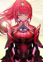 1girl alternate_costume alternate_hairstyle armor bodysuit breasts character_name chest_jewel chromatic_aberration closed_mouth cosplay cowboy_shot earrings eyebrows_hidden_by_hair facing_viewer headpiece highres jewelry large_breasts light_smile long_hair pneuma_(xenoblade) pneuma_(xenoblade)_(cosplay) pyra_(xenoblade) red_hair shoulder_armor simple_background solo straight-on swept_bangs tarbo_(exxxpiation) xenoblade_chronicles_(series) xenoblade_chronicles_2