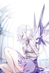 Rule 34 | 1girl, back cutout, braid, breasts, bright background, cage, cleavage, clothing cutout, dress, from side, kishin sagume, knee up, legs, long eyelashes, looking at viewer, medium breasts, nose, profile, purple eyes, raptor7, red eyes, shoulder blades, sideways glance, solo, thighs, touhou, white background, white hair, wings