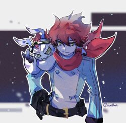 1boy :3 belt body_fur brown_hair digimon digimon_story:_time_stranger fangs goggles goggles_on_head gomamon green_jacket jacket lanlllan male_focus mohawk red_scarf scarf seal_(animal) short_hair smile upper_body white_fur white_jacket yellow_eyes yuuki_dan
