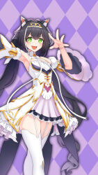 1girl absurdres animal_ears black_hair cat_ears clothing_cutout cowboy_shot detached_sleeves fang flat_chest garter_straps green_eyes headband highres kamikili karyl_(princess_connect!) long_hair multicolored_hair navel_cutout open_mouth princess_connect! puffy_sleeves solo streaked_hair thighhighs very_long_hair white_thighhighs