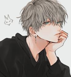 Rule 34 | 1boy, absurdres, black jacket, blue eyes, closed mouth, earrings, en (e898n), grey hair, hand on own chin, hand on own face, highres, hood, hoodie, jacket, jewelry, lips, looking at viewer, male focus, nose, original, simple background, white background