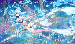 1girl air_bubble aqua_(non-human_academy) barefoot bikini blue_bikini blue_eyes blue_gemstone blue_hair bracelet bubble coral coral_reef detached_sleeves fish flower frills gem gloves hair_flower hair_ornament half_gloves highres holding holding_polearm holding_weapon jewelry long_hair necklace non-human_academy ocean pika_(kai9464) polearm seahorse solo starfish stone_pillar swimming swimsuit thigh_strap underwater water weapon