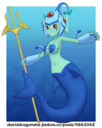 Rule 34 | breasts, colored skin, daviddragonstar, digimon, digimon (creature), fins, frog girl, green skin, head fins, helmet, jellymon, mermaid, monster girl, polearm, ranamon, red eyes, smile, trident, weapon