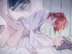 Rule 34 | 2boys, anal, bed, bottomless, closed eyes, clothed sex, dress shirt, ensemble stars!, grey hair, legs up, male focus, male penetrated, missionary, multiple boys, red hair, sena izumi (ensemble stars!), sex, shirt, tagme, tsukinaga leo, uqkure, window, yaoi