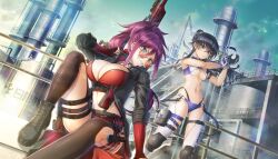 Rule 34 | 2girls, bag, bikini, black hair, blue eyes, breasts, cleavage, crossed bangs, dolphin wave, game cg, gloves, grey eyes, grin, gun, hagane otsuki, hair between eyes, handgun, highres, jacket, kurenashi yuuri, large breasts, long hair, multiple girls, non-web source, official art, ootomo takuji, open clothes, open jacket, ponytail, purple hair, round eyewear, sharp teeth, smile, swimsuit, teeth, thigh strap, underboob, weapon