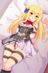 Rule 34 | 1girl, absurdres, ahoge, arms behind back, bdsm, bed, bed sheet, bedroom, between legs, between thighs, black socks, black vest, blonde hair, blue ribbon, blush, bondage, bound, bound arms, bound legs, bound torso, breasts, clothes lift, collared shirt, commission, crotch rope, double bun, embarrassed, female focus, grey skirt, hair bun, hair buns, hair ornament, hair ribbon, hamidashi creative, hamuta (machosbrown), highres, indoors, izumi hiyori, knee socks, layered clothes, layered skirt, legs, legs together, long hair, long sleeves, looking ahead, looking at viewer, looking to the side, looking up, lying, medium breasts, nipple stimulation, on back, open mouth, panties, parted lips, perky breasts, pillow, pink panties, pleated skirt, red eyes, ribbon, sex toy, shibari, shibari over clothes, shirt, sidelocks, skeb commission, skin tight, skindentation, skirt, skirt lift, socks, solo, thighs, tongue, underwear, vest, vibrator, vibrator cord, vibrator on nipple, vibrator under clothes, white shirt, wooden floor
