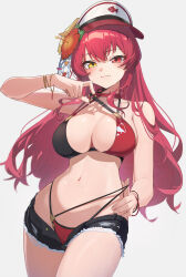 1girl bikini_under_shorts bracelet breasts cleavage collarbone cowboy_shot denim denim_shorts flower hair_flower hair_ornament hat heterochromia highres hololive houshou_marine jewelry large_breasts long_hair looking_at_viewer navel open_fly red_eyes red_hair reulem short_shorts shorts simple_background solo stomach strap_pull very_long_hair virtual_youtuber yellow_eyes