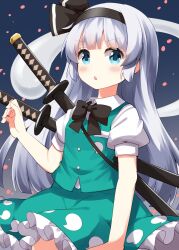 Rule 34 | 1girl, :o, alternate hair length, alternate hairstyle, black bow, black bowtie, black hairband, blue background, blue eyes, blunt ends, blush, bow, bowtie, collared shirt, commentary, cowboy shot, frilled skirt, frills, gradient background, green skirt, green vest, grey hair, hairband, highres, hitodama print, konpaku youmu, konpaku youmu (ghost), long hair, looking at viewer, open mouth, print skirt, print vest, ruu (tksymkw), shirt, short sleeves, skirt, skirt set, solo, sword, touhou, vest, weapon, white shirt