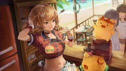 3girls akai_haato akai_haato_(7th_costume) apron beach blonde_hair cash_register commentary crop_top english_commentary fork_hair_ornament green_eyes haaton_(akai_haato) highres hololive multiple_girls navel ocean polka_dot polka_dot_shirt polka_dot_skirt red_shirt rurikon sand shirt skirt virtual_youtuber waist_apron