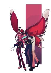1girl 2boys absurdres coat demon_boy demon_girl extra_arms formal_clothes fur-trimmed_coat fur_trim hazbin_hotel heart heart-shaped_eyewear highres jelly_bear2 long_hair looking_at_viewer multiple_boys slit_pupils suit television twintails valentino_(hazbin_hotel) velvette_(hazbin_hotel) vox_(hazbin_hotel)