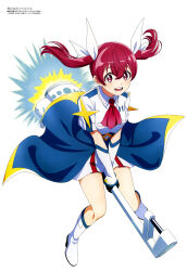 1girl absurdres black_gloves boots full_body gloves highres kabushikigaisha_magi-lumiere knee_boots magazine_scan megami_magazine miniskirt official_art open_mouth ponytail red_eyes red_hair sakuragi_kana scan short_hair short_sleeves skirt solo teeth twintails waist_cape weapon weapon_riding white_background