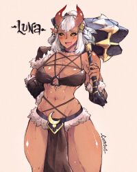 1girl 2020 abs amazon_warrior artist_name black_bra black_sclera bra ceresus character_name choker clenched_hand collarbone colored_sclera commentary cowboy_shot criss-cross_halter dark-skinned_female dark_skin demon_girl demon_horns detached_sleeves dungeons_&amp;_dragons english_commentary fang feather_hair_ornament female_focus fur-trimmed_sleeves fur_trim groin hair_ornament halterneck hammer hand_on_own_hip high_ponytail highres holding holding_hammer holding_weapon horns huge_weapon loincloth lookig_at_viewer medium_hair muscular muscular_female muscular_legs navel nervous_sweating o-ring o-ring_top open_mouth original plunging_neckline pointy_ears ponytail revealing_clothes shiny_skin sidelocks simple_background skin_fang solo standing sweat sweatdrop thick_thighs thighs toned underwear weapon white_hair yellow_eyes