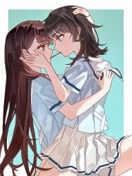 2girls bang_dream! bang_dream!_it&#039;s_mygo!!!!! black_hair blue_background blue_eyes blue_shirt border brown_hair commentary eye_contact food food_in_mouth hanasakigawa_school_uniform hand_on_another&#039;s_face hashtag-only_commentary highres long_hair looking_at_another minon_(momoiminon0420) multiple_girls pleated_skirt pocky pocky_in_mouth pocky_kiss purple_eyes sailor_collar school_uniform shared_food shiina_taki shirt short_sleeves simple_background skirt white_border white_sailor_collar white_skirt yahata_umiri yuri