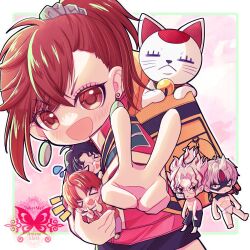 &gt;_&lt; 2girls 4boys ayase_momo backpack bag bell black_hair black_skirt blush brown_eyes brown_hair carrying carrying_person cat closed_eyes commentary_request dandadan dual_persona earrings enjoji_jin evil_eye_(dandadan) facial_mark flying_sweatdrops glasses hair_ornament hair_scrunchie high_ponytail highres jacket jewelry looking_at_viewer male_underwear mini_person miniboy miniskirt multiple_boys multiple_girls neck_bell notice_lines open_mouth outstretched_arm ponytail red_hair red_jacket round_eyewear scrunchie shion-1115 short_hair skirt smile takakura_ken_(dandadan) takakura_ken_(transformed)_(dandadan) third_eye topless_male track_jacket transformation turbo_granny_(dandadan) underwear v white_hair