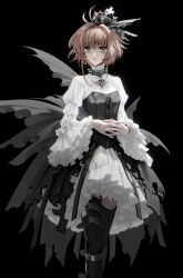1girl absurdres arched_crown black_background black_boots black_corset black_hat boots breasts collar commentary corset crinoline crown_necklace dress expressionless feet_out_of_frame frilled_dress frilled_sleeves frills green_eyes hat highres interlocked_fingers looking_at_viewer metal_collar mini_hat orange_hair own_hands_together puffy_sleeves sakura_hime short_hair simple_background small_breasts solo spiked_hat thigh_boots thighhighs torn_clothes torn_dress tsubasa_chronicle white_dress yuefanfan zettai_ryouiki zipper zipper_pull_tab