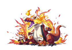 Rule 34 | absurdres, black sclera, bright pupils, claws, colored sclera, commentary request, crocalor, evolutionary line, fire, fish.boy, fuecoco, highres, nintendo, open mouth, pokemon, pokemon (creature), skeledirge, standing, tongue, white background, yellow eyes