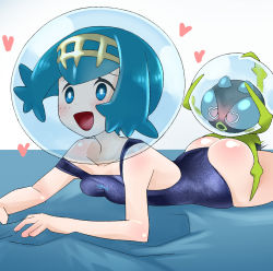 1girl :d ass bed_sheet bestiality blue_eyes blue_hair breasts bug dewpider gen_7_pokemon happy_sex heart heart-shaped_pupils highres lana_(pokemon) lying nemimini nintendo on_stomach open_mouth pokemon pokemon_(anime) pokemon_(creature) pokemon_sm_(anime) pokephilia school_swimsuit sex sheet_grab short_hair small_breasts smile spider strap_slip swimsuit symbol-shaped_pupils