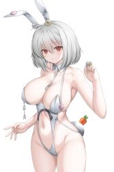 1girl absurdres ahoge animal_ears asamura_hiori azur_lane bare_arms bare_shoulders bikini breasts cleavage closed_mouth collarbone commentary_request cowboy_shot detached_collar dot_nose fake_animal_ears fake_tail frown grey_hair groin hair_between_eyes hand_up highleg highleg_bikini highres holding huge_breasts legs_apart leotard medium_hair navel pin playboy_bunny rabbit_tail red_eyes revealing_clothes shadow simple_background sirius_(azur_lane) sirius_(rabbit_of_paradise)_(azur_lane) solo standing swimsuit tail thighs white_background white_bikini white_hair
