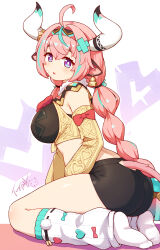 1girl animal_ears aqua_hair ass bike_shorts black_shorts braid breasts chinese_commentary commentary_request cow_ears cow_girl cow_horns cow_tail detached_sleeves ear_bell from_side full_body genshin_impact highres horns huge_breasts langbazi leg_warmers long_hair looking_at_viewer multicolored_hair no_shoes open_mouth pink_hair purple_eyes short_shorts shorts socks solo streaked_hair tail twin_braids varesa_(genshin_impact) very_long_hair white_socks