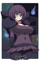 1girl blunt_bangs bob_cut bow breasts buttons cleavage creatures_(company) cropped_legs elbow_gloves fire game_freak gigobyte350 glasses gloves large_bow large_breasts low-cut nintendo pantyhose pokemon pokemon_bw purple_fire purple_hair purple_skirt rimless_eyewear round_eyewear shauntal_(pokemon) short_hair skirt solo