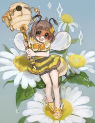 1girl artist_name bare_ankles bee_costume black_spats blue_background cosplay crocs dandelion flower girutea holding holding_staff indie_virtual_youtuber lily_hopkins loli shoes solo staff standing yellow_shoes
