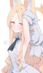 1girl animal_ears areola_slip arm_up armpit_focus armpits blonde_hair blue_archive blush breasts detached_sleeves dress forehead fox_ears halo highres long_hair looking_at_viewer looking_to_the_side mikozin multicolored_eyes orange_halo parted_lips presenting_armpit seia_(blue_archive) sideless_outfit simple_background sleeveless sleeveless_dress small_breasts solo spoken_blush sweat two-tone_eyes upper_body very_long_hair white_background