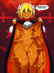 Rule 34 | 1girl, 2018, ami dixie, artist name, ascot, black cape, blonde hair, bow, cape, colored skin, dated, fangs, hair between eyes, hair bow, heart, heart-shaped pupils, highres, long sleeves, modeseven, monster girl, multiple hair bows, orange skin, original, short hair, slime (substance), slime girl, sticky, symbol-shaped pupils, vampire, vampire costume, white sleeves