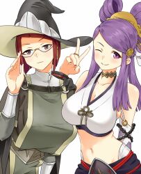 2girls adjusting_glasses bob_cut breasts brown_eyes brown_hair fire_emblem fire_emblem_awakening fire_emblem_fates glasses hat large_breasts miriel_(fire_emblem) multiple_girls navel nintendo one_eye_closed orochi_(fire_emblem) purple_eyes purple_hair redkite victory_pose wink wizard_hat