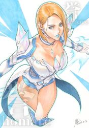 1girl blonde_hair blue_eyes blue_lips blue_nails breasts choker cleavage cowboy_shot crystal emma_frost hair_behind_ear homare_(fool&#039;s_art) long_sleeves marvel marvel_rivals simple_background solo white_background