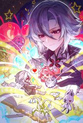 Rule 34 | 2girls, arlecchino (genshin impact), black gloves, black hair, bug, clervie (genshin impact), cross-shaped pupils, dress, genshin impact, gloves, heart, highres, long hair, multicolored hair, multiple girls, peruere (genshin impact), pink hair, short hair, silk, smile, spider, spider web, symbol-shaped pupils, viviwi, white hair
