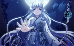 00s 1girl 2008 aoi_shiro blue_eyes cloud copyright_name female_focus hair_ribbon highres japanese_clothes kimono long_hair moon moonlight nami_(aoi_shiro) night official_art official_wallpaper outstretched_hand ribbon solo white_hair yasaka_minato