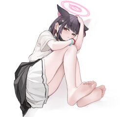 Rule 34 | 1girl, absurdres, animal ears, bare legs, barefoot, black hair, blue archive, bracelet, cat ears, clothes around waist, extra ears, full body, highres, jacket, jacket around waist, jewelry, kazusa (band) (blue archive), kazusa (blue archive), lying, mask, mask pull, medium hair, mouth mask, nagata gata, on side, red eyes, shirt, simple background, skirt, solo, white shirt, white skirt