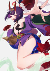 1girl absurdres bare_shoulders blush breasts bridal_gauntlets collarbone cup eyeliner fate/grand_order fate_(series) food fruit gourd grapes headpiece highres horns izanaware_game japanese_clothes kimono long_sleeves looking_at_viewer makeup oni open_mouth outstretched_arm peach pointy_ears purple_eyes purple_hair purple_kimono revealing_clothes sakazuki short_hair shuten_douji_(fate) skin-covered_horns small_breasts smile solo thighs white_background wide_sleeves