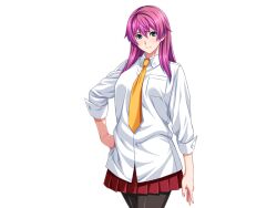 1girl aqua_eyes black_pantyhose breast_pocket cowboy_shot game_cg gentle_sasaki hair_between_eyes hand_on_own_hip large_variant_set long_hair looking_at_viewer necktie non-web_source official_art pantyhose pink_hair pleated_skirt pocket purple_hair red_skirt school_uniform shindou_hatsune shirt skirt smile solo soukou_senki_prism_reica transparent_background variant_set white_shirt yellow_necktie