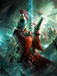 6+boys arch architecture armor bag battle commentary eldar eldar_(symbol) energy_gun energy_sword energy_weapon english_commentary firing gloves glowing_mask gun hair_through_headwear helmet highres holding holding_gun holding_sword holding_weapon horse_tail light_particles lightning male_focus mask military_vehicle multiple_boys official_art power_armor raymond_swanland red_gloves red_hair red_robe robe science_fiction spacecraft sword tail warhammer_40k weapon wind