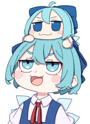 1girl :3 absurdres ahoge blue_bow blue_dress blue_eyes blue_hair blush_stickers bow character_doll cirno collared_shirt commentary doll doll_on_head dress fairy fumo_(doll) hair_bow highres ice ice_wings jitome kame_(kamepan44231) light_blue_hair neck_ribbon open_mouth pinafore_dress puffy_sleeves red_ribbon ribbon shirt short_hair short_sleeves sleeveless sleeveless_dress touhou upper_body white_background white_shirt wings